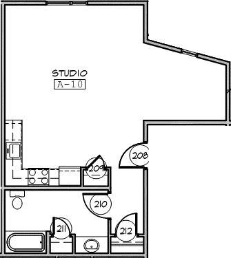 Floor plan for studio, 1 bath, 538 sqft